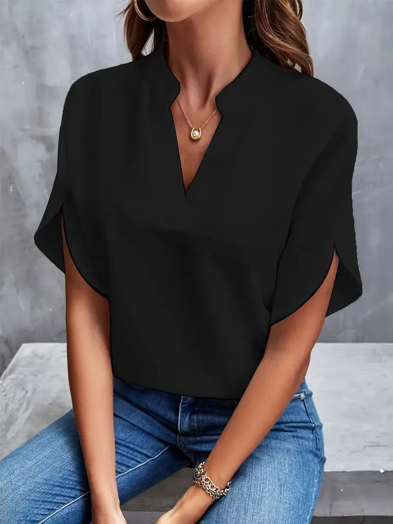 Solid Color V Neck Loose Fit Shirt