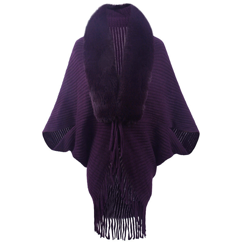 Faux Fur Trim Fringe Knit Cape