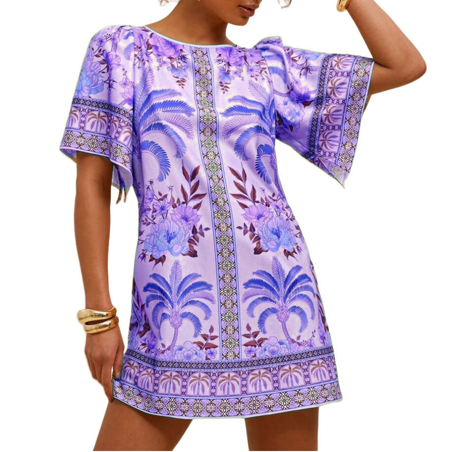 Vintage Round Neck Flared Sleeve Printed Dress