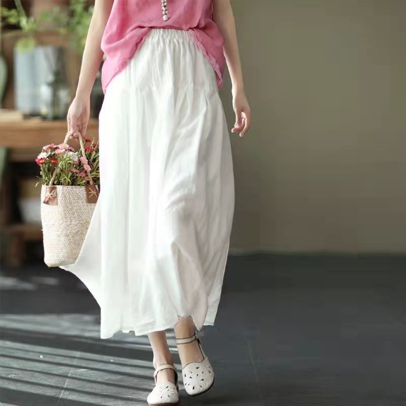 Double-Layer Cotton Linen Flowy Maxi Skirt