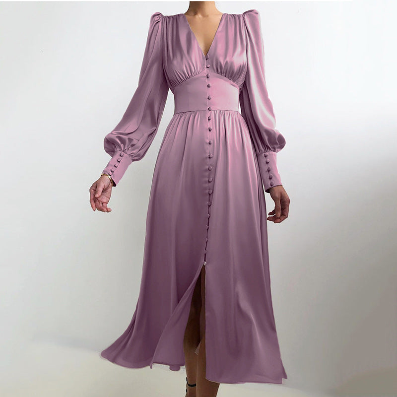 Satin Waist Dress Women Lantern Sleeve Elegant Long Dress