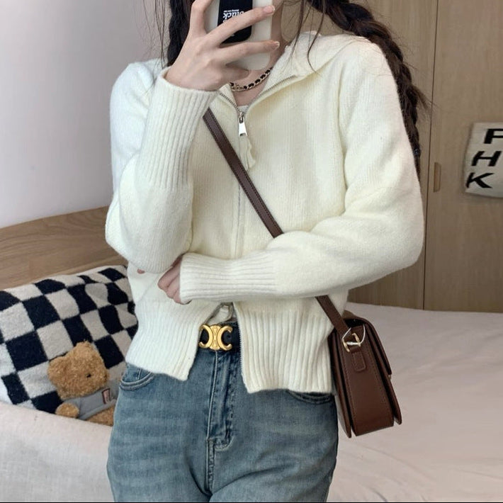 Cropped Double-Zip Hooded Knit Jacket