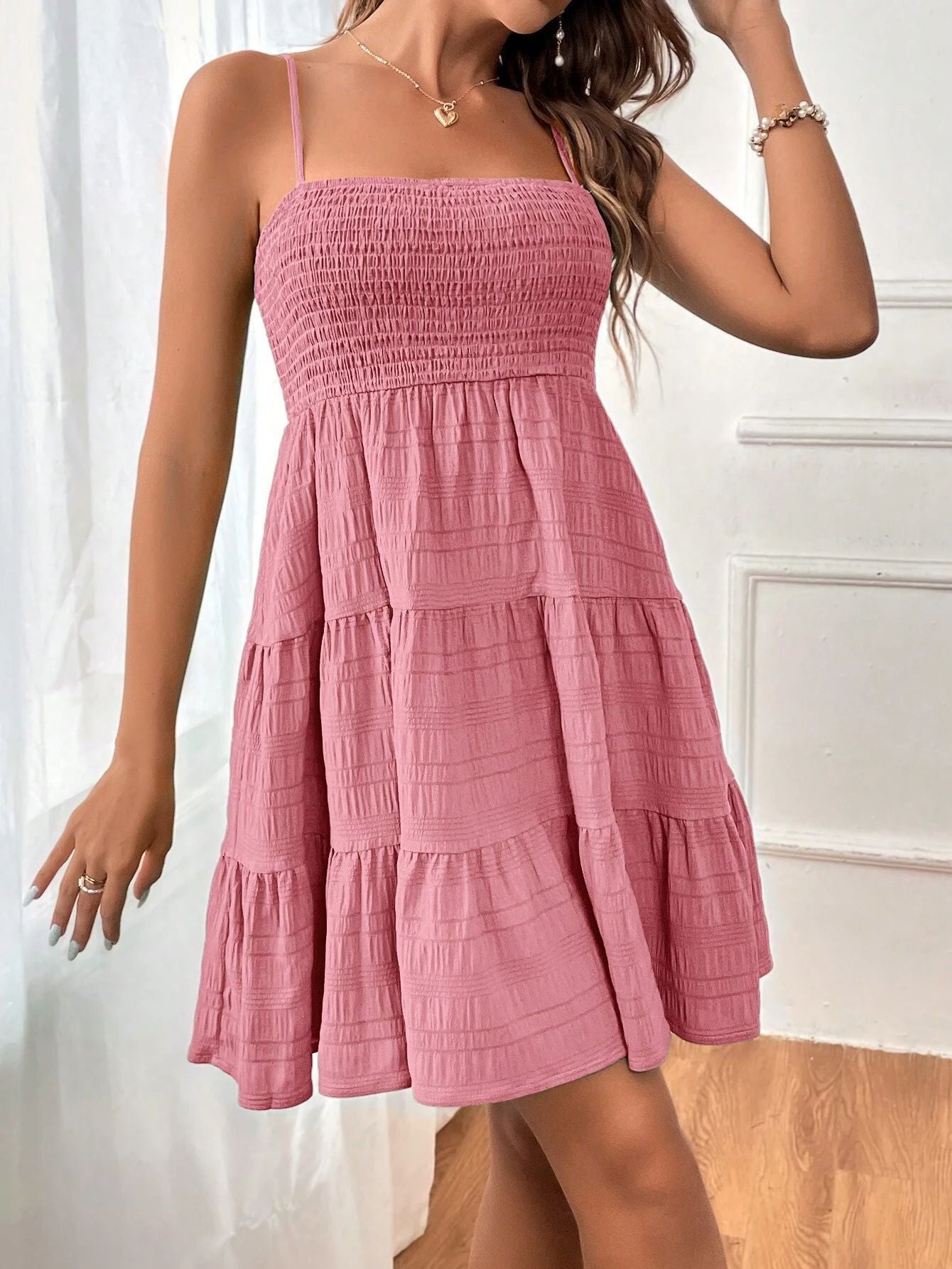 Off Shoulder Strap Textured Midi Dress