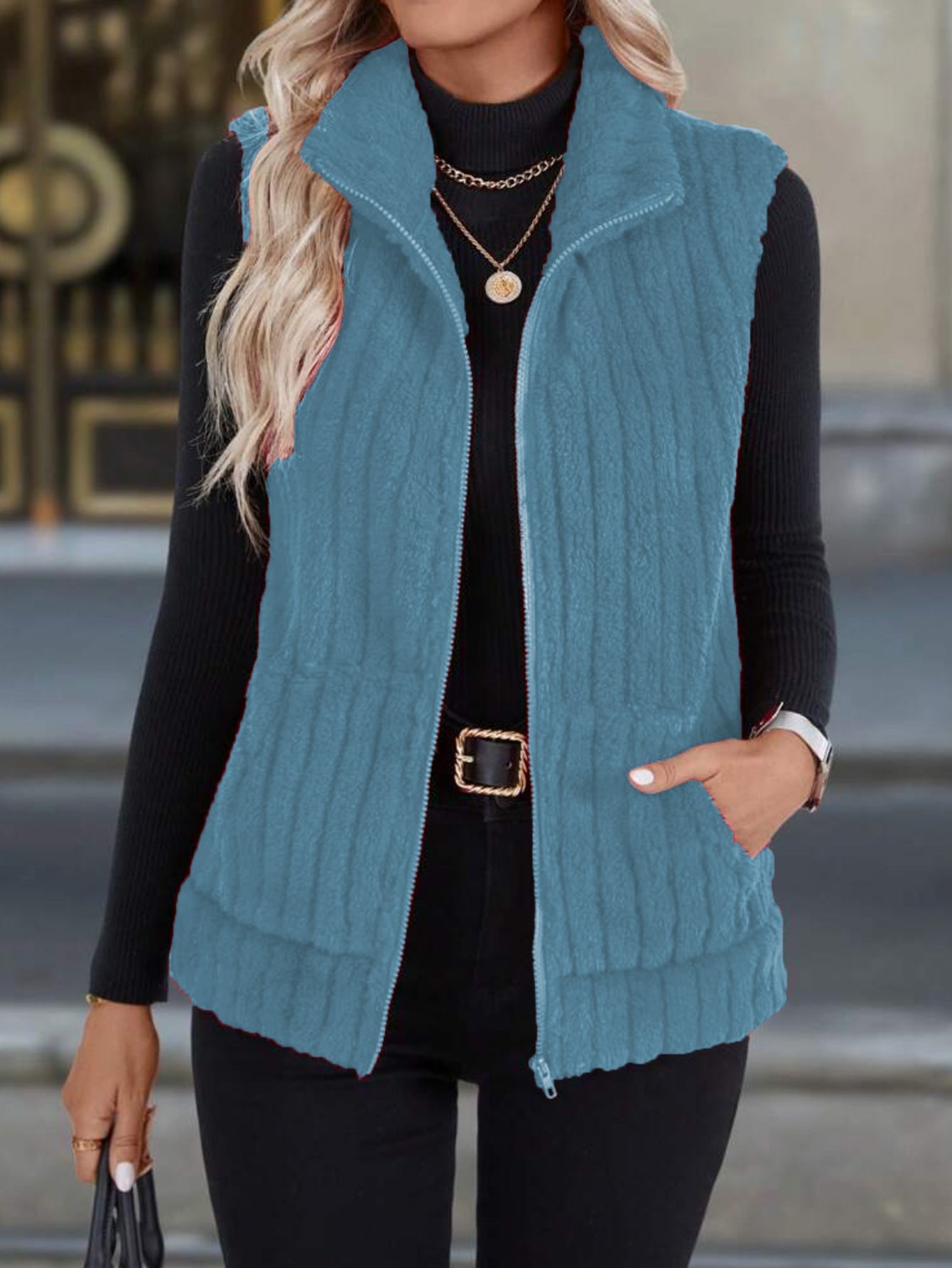 Plaid Zip-Up Fuzzy Vest with Pockets