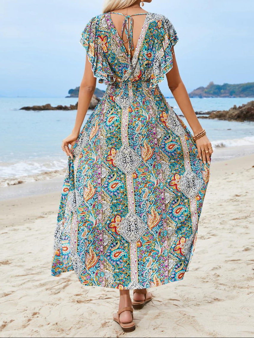 Women's Boho V-Neck Backless Ruffle Print Maxi Dress