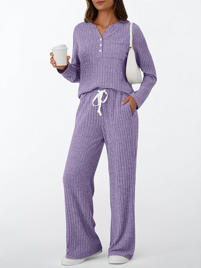 Relaxed Ribbed Brushed Knit Long Sleeve Pants Set