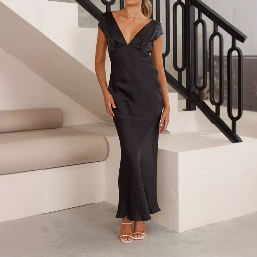 Women Deep V Neck Backless Slim Fit Midi Dress