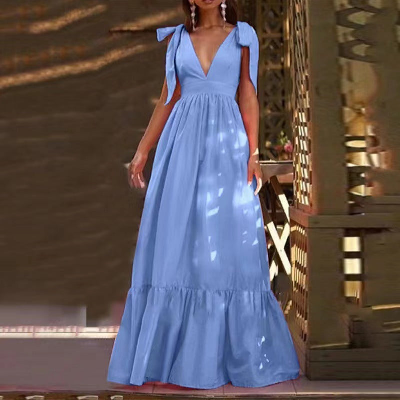 V-Neck Ruffled Maxi Dress with Bow Details