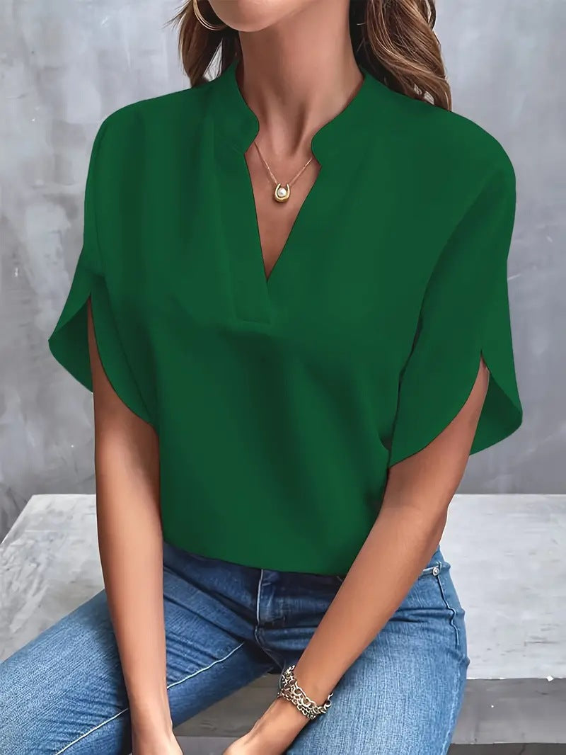 Solid Color V Neck Loose Fit Shirt