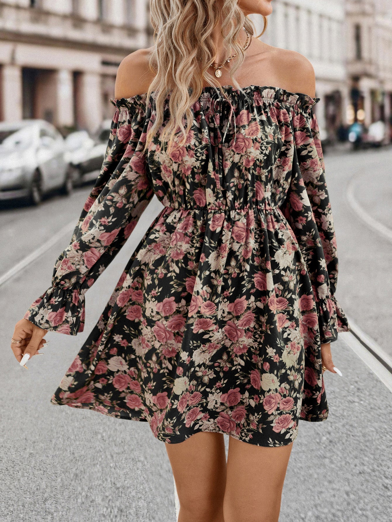 Off Shoulder Sweet Flowy Midi Dress