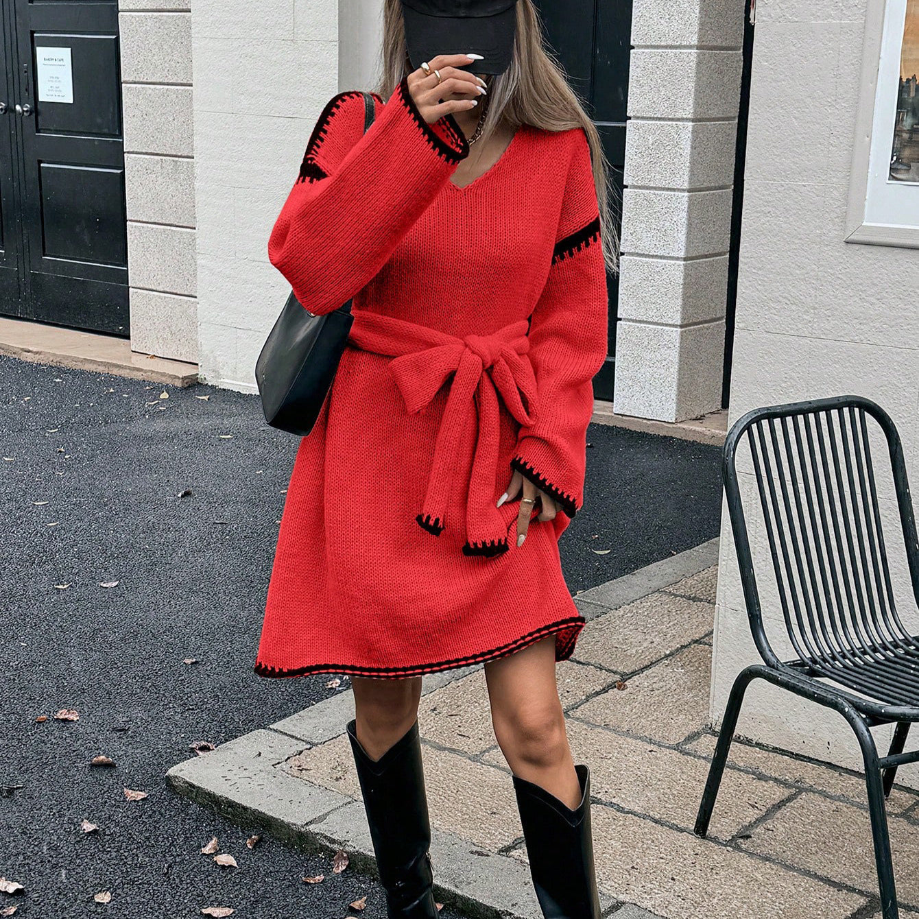 Relaxed V-Neck Knit Dress with Tie Waist