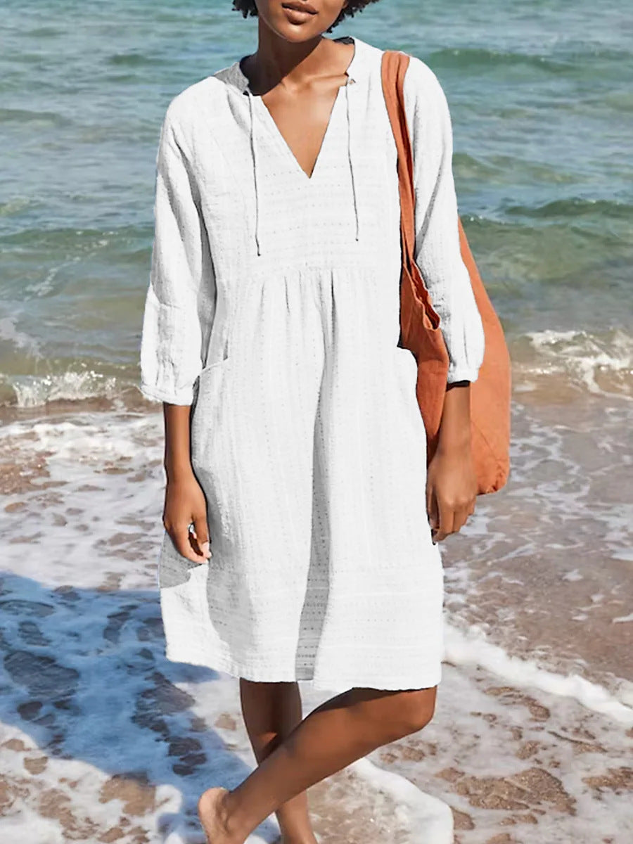Jacquard V-Neck Linen Blend Dress