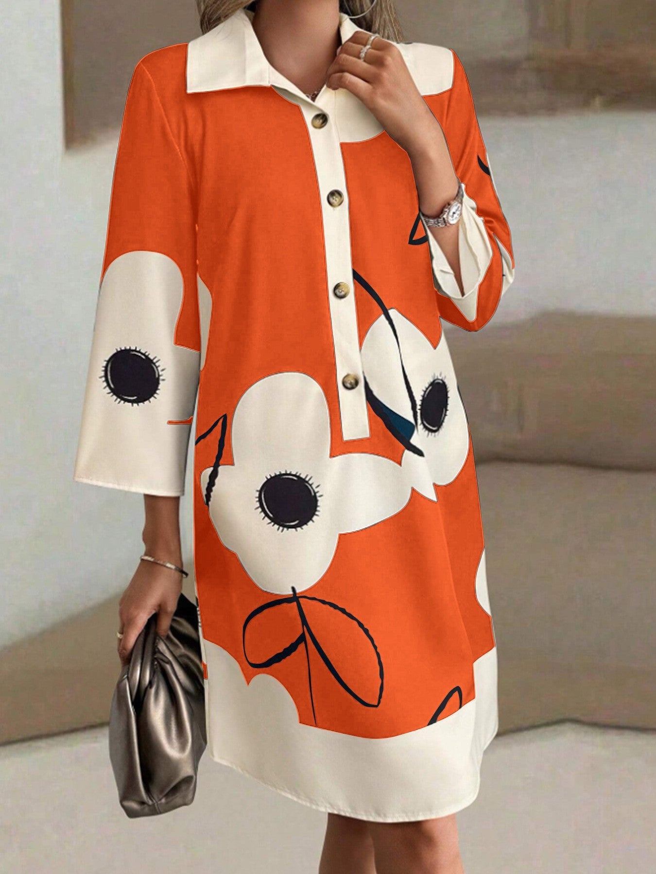 Printed Mid-Sleeve Loose Shirt Dress