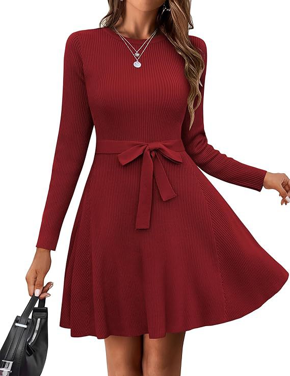 Ribbed Knit Long Sleeve Dress with Belt