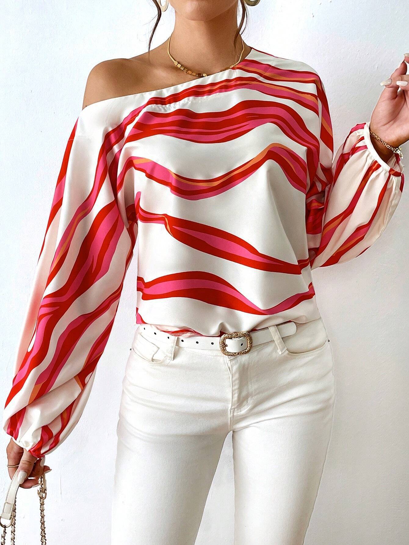 Off Shoulder Printed Loose Fit Shirt T-Shirt for Women
