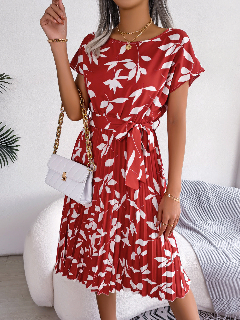 Leaf Print Pleated Maxi Dress Casual Summer Women