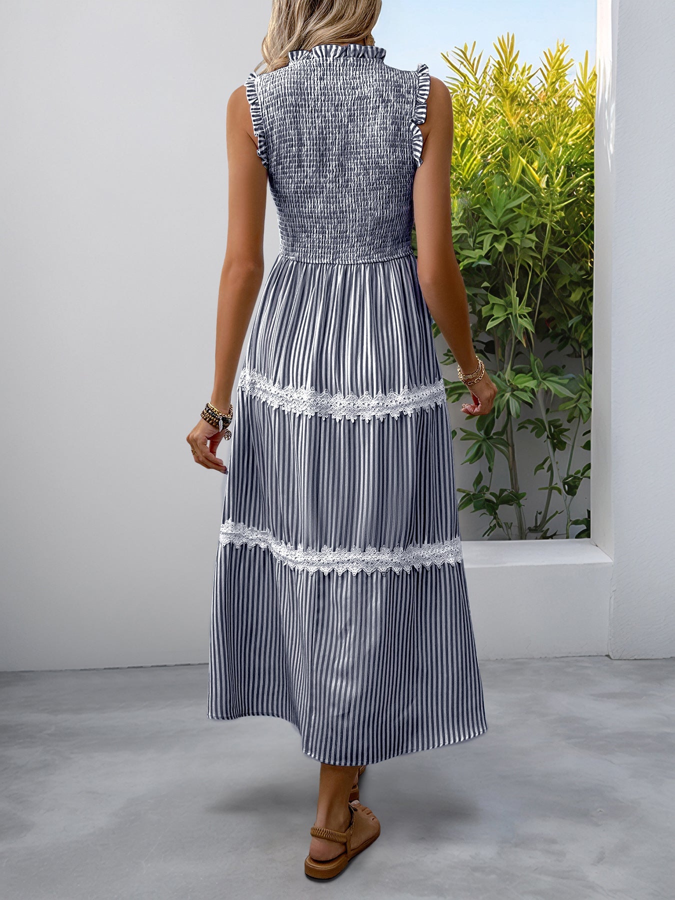 Sleeveless Striped Lace Ruffle Dress