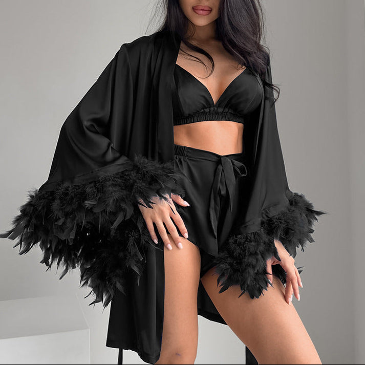 Faux Silk Feather Pajama Set Women Robe Lingerie 3 Piece