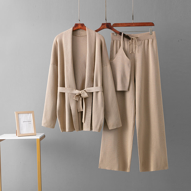 Knit Cardigan Camisole and Wide-Leg Pants Set