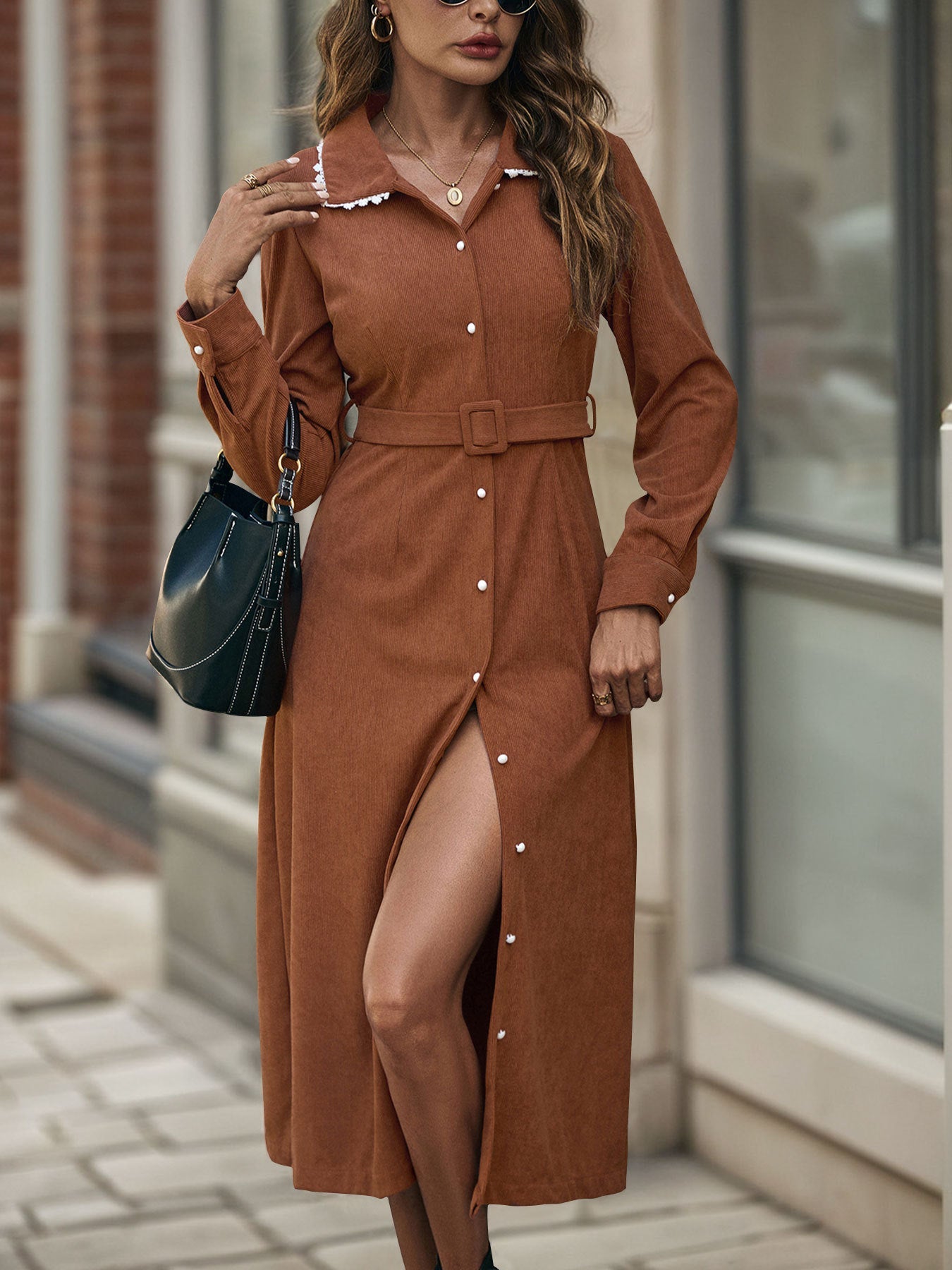 Vintage Corduroy Shirt Dress Lace Collar Women