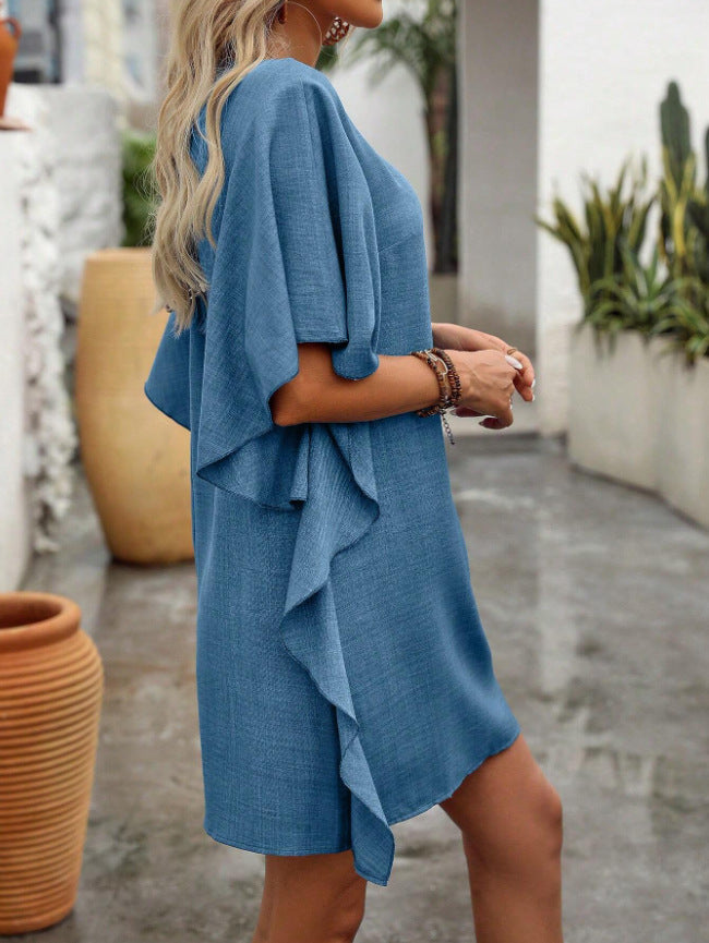 Women Solid Color Ruffle Loose V Neck Dress