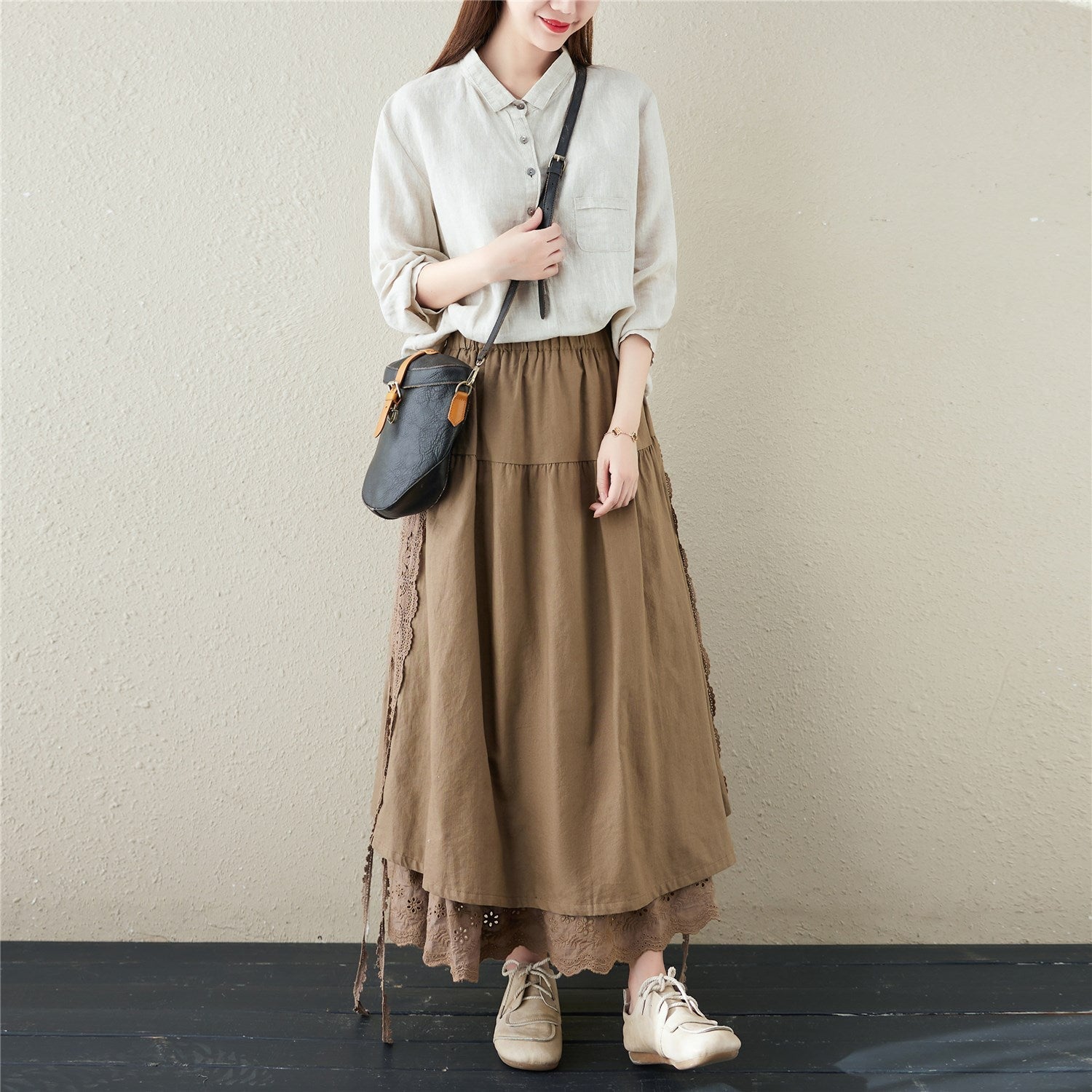 Embroidered Elastic Waist Linen Blend Skirt