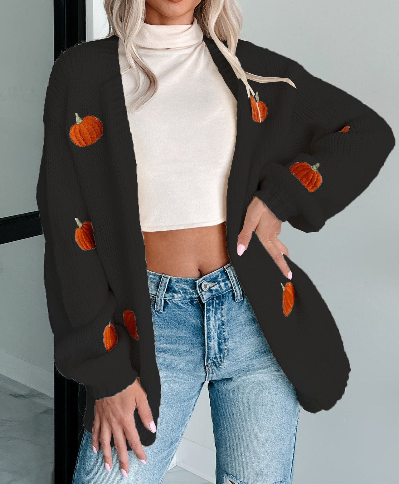 Pumpkin Embroidered Knit Cardigan