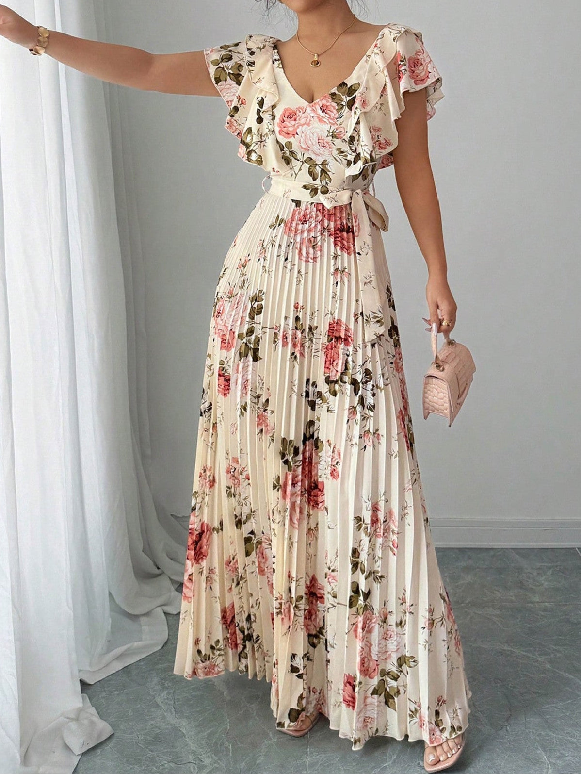 Women V Neck Floral Print Ruffle Waist A Line Dress