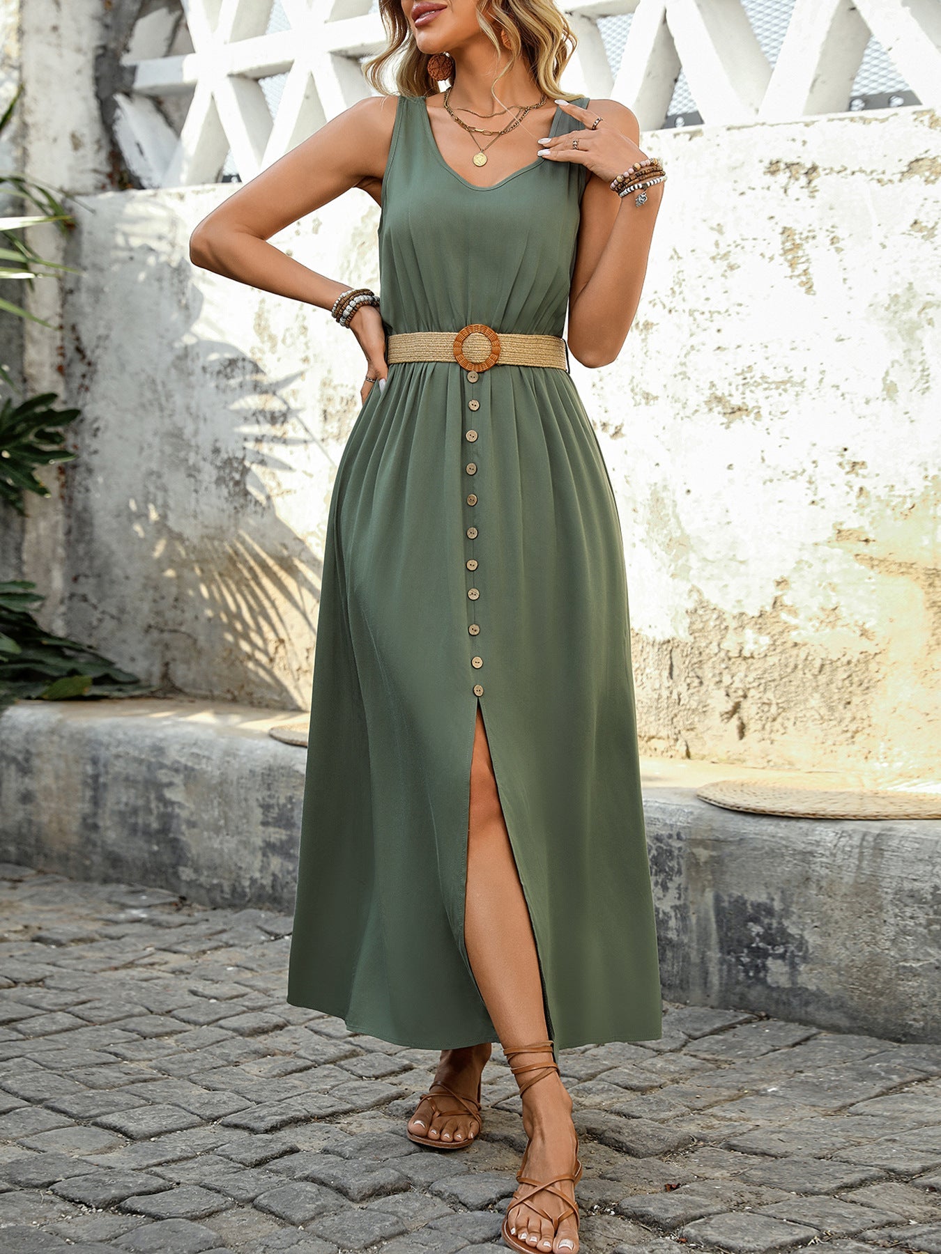 Solid Color Sleeveless V Neck Dress