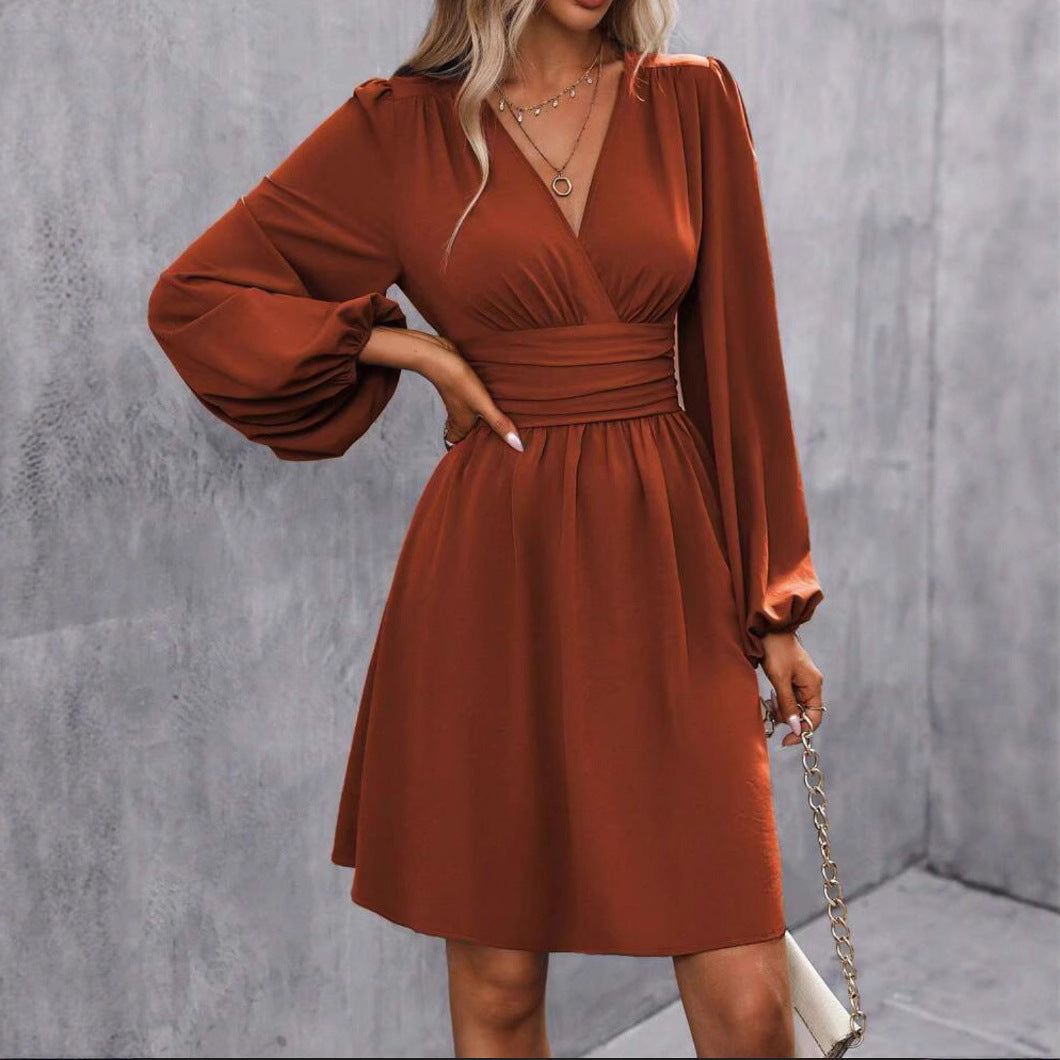 V-Neck Puff Sleeve A-Line Dress