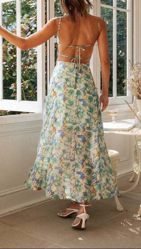 Printed Backless Slit Hem Maxi Dress