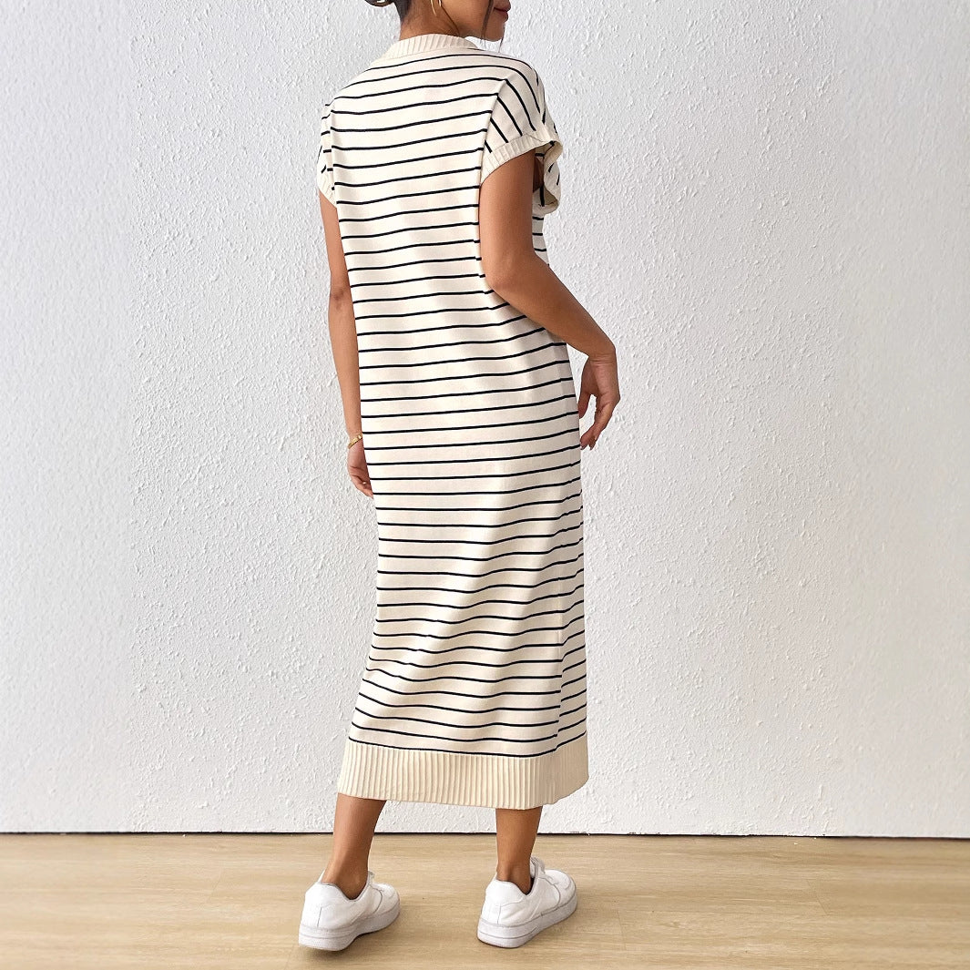 Striped V-Neck Casual Knit Dress
