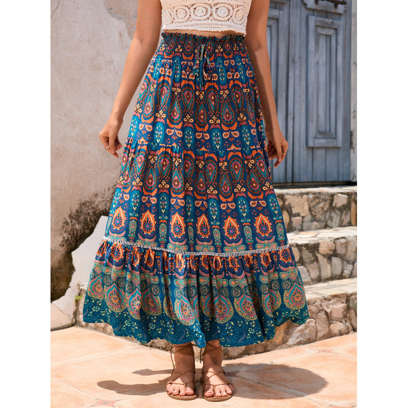 Bohemian Printed Maxi Skirt with Lace Trim