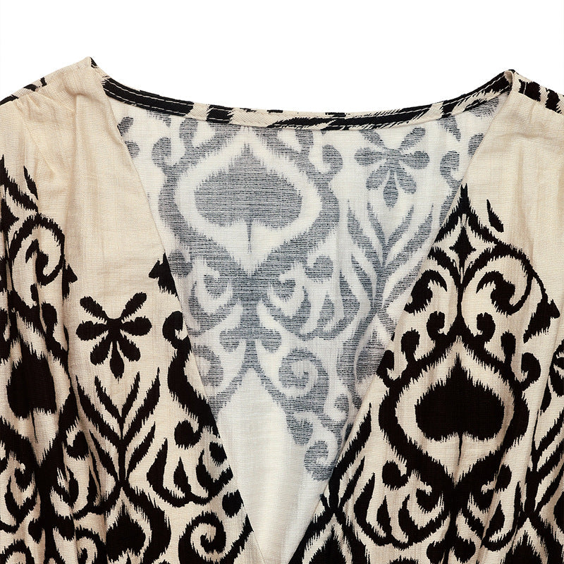 Boho Print V Neck Maxi Dress High Waist Ruffle Sleeve