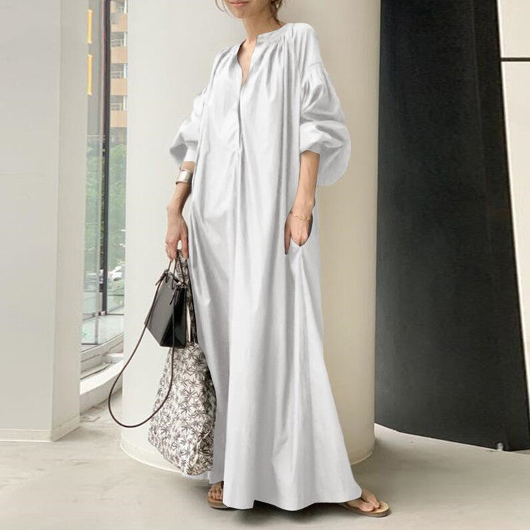 Cotton Lantern Sleeve Flowy Midi Dress