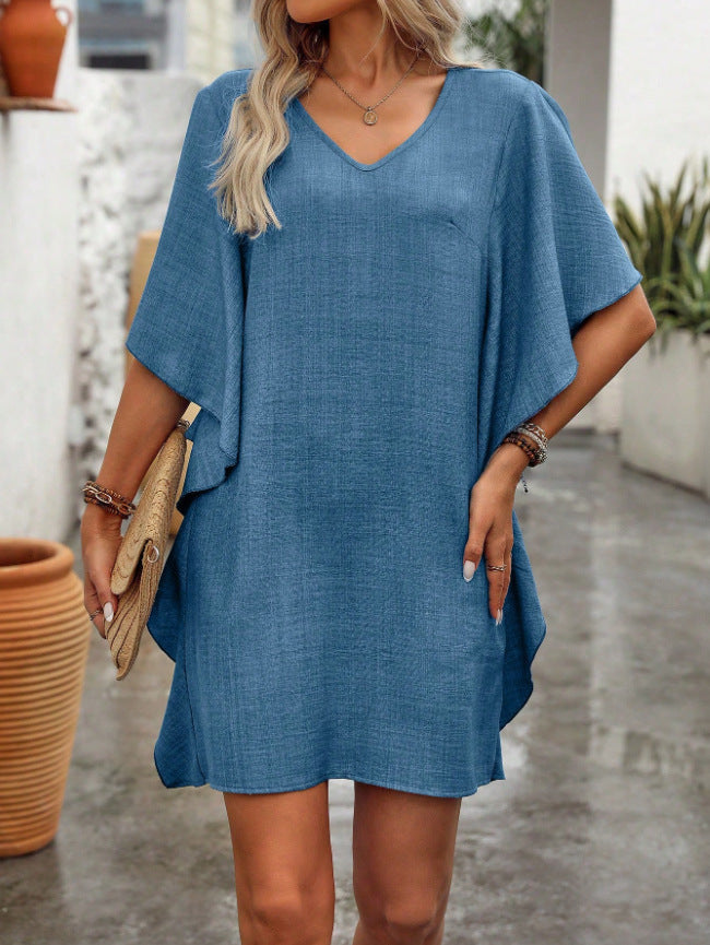 Women Solid Color Ruffle Loose V Neck Dress