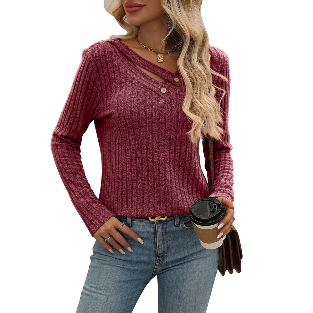 Relaxed Fit V-Neck Button Ribbed Top