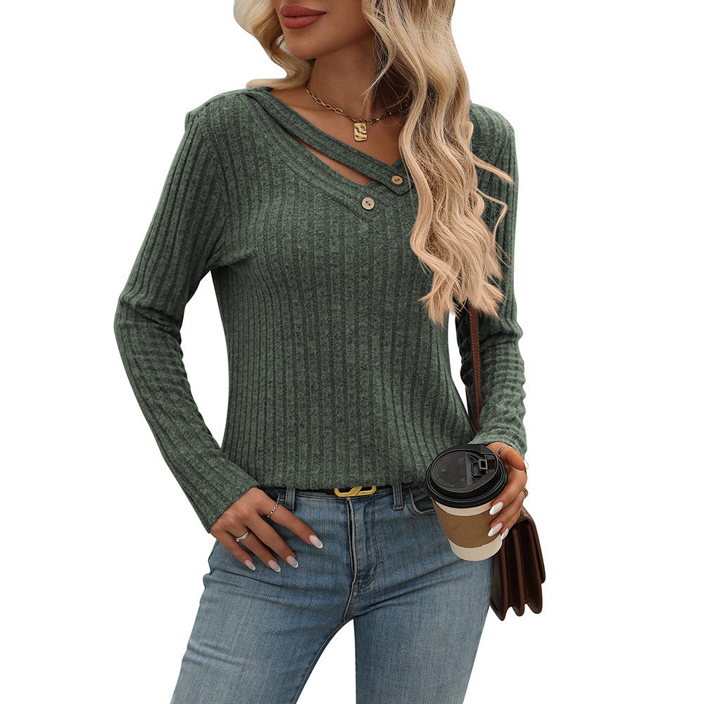 Relaxed Fit V-Neck Button Ribbed Top