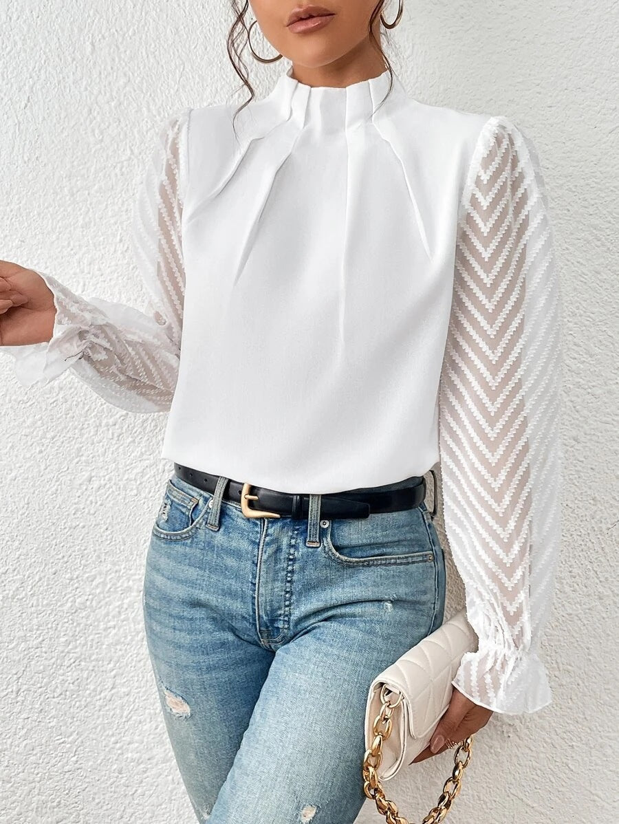 Chevron Sleeve Pleated Collar Blouse