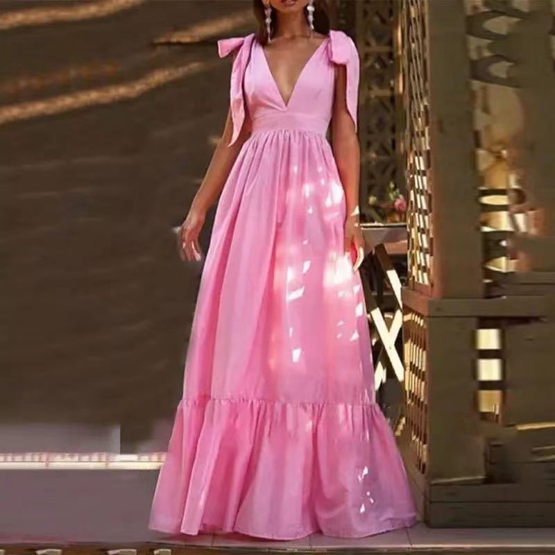 V-Neck Ruffled Maxi Dress with Bow Details