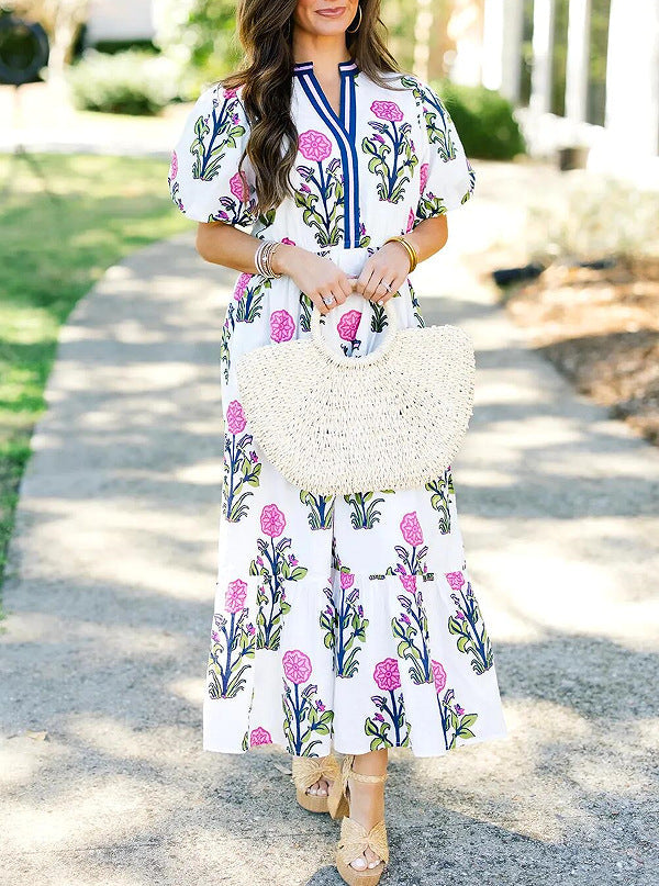 Floral V Neck Dress Women Casual Summer Dress