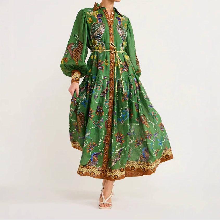 Button-Front Linen Tie-Waist Pleated Dress