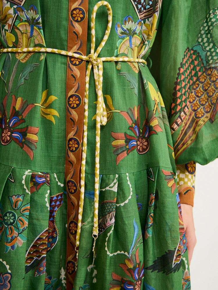 Button-Front Linen Tie-Waist Pleated Dress