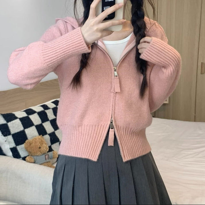 Cropped Double-Zip Hooded Knit Jacket