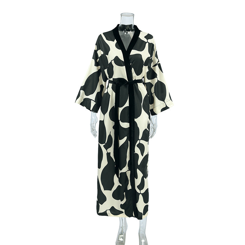 Printed Satin Long Sleeve Tie-Waist Robe