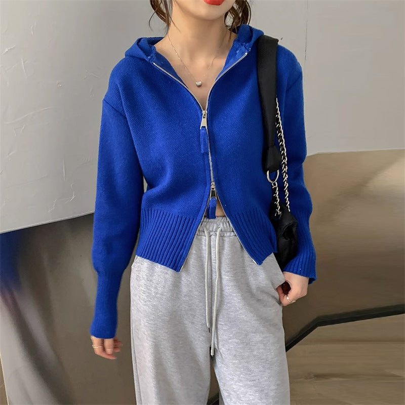 Cropped Double-Zip Hooded Knit Jacket
