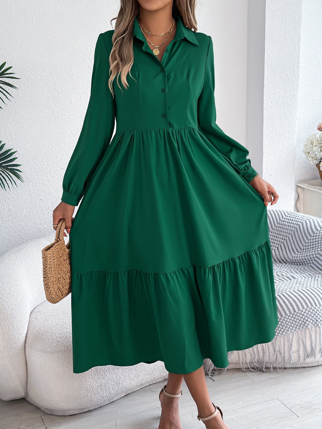 Button-Down Long Sleeve Tiered Dress