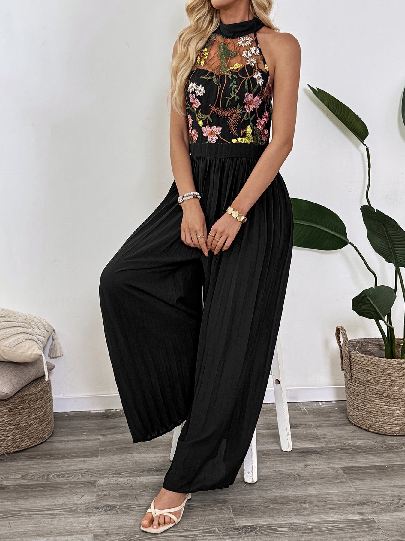 Women Lace Halter Wide Leg Jumpsuit