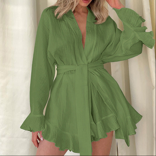 Women Cotton Crepe Ruffle Long Sleeve Pajama Set