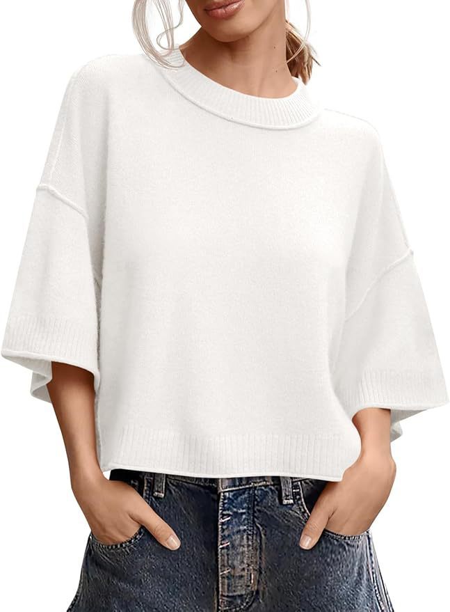 Women's Cropped Knit Sweater, Relaxed Crewneck Pullover with Wide Sleeves in Khaki, Black, Gray and White